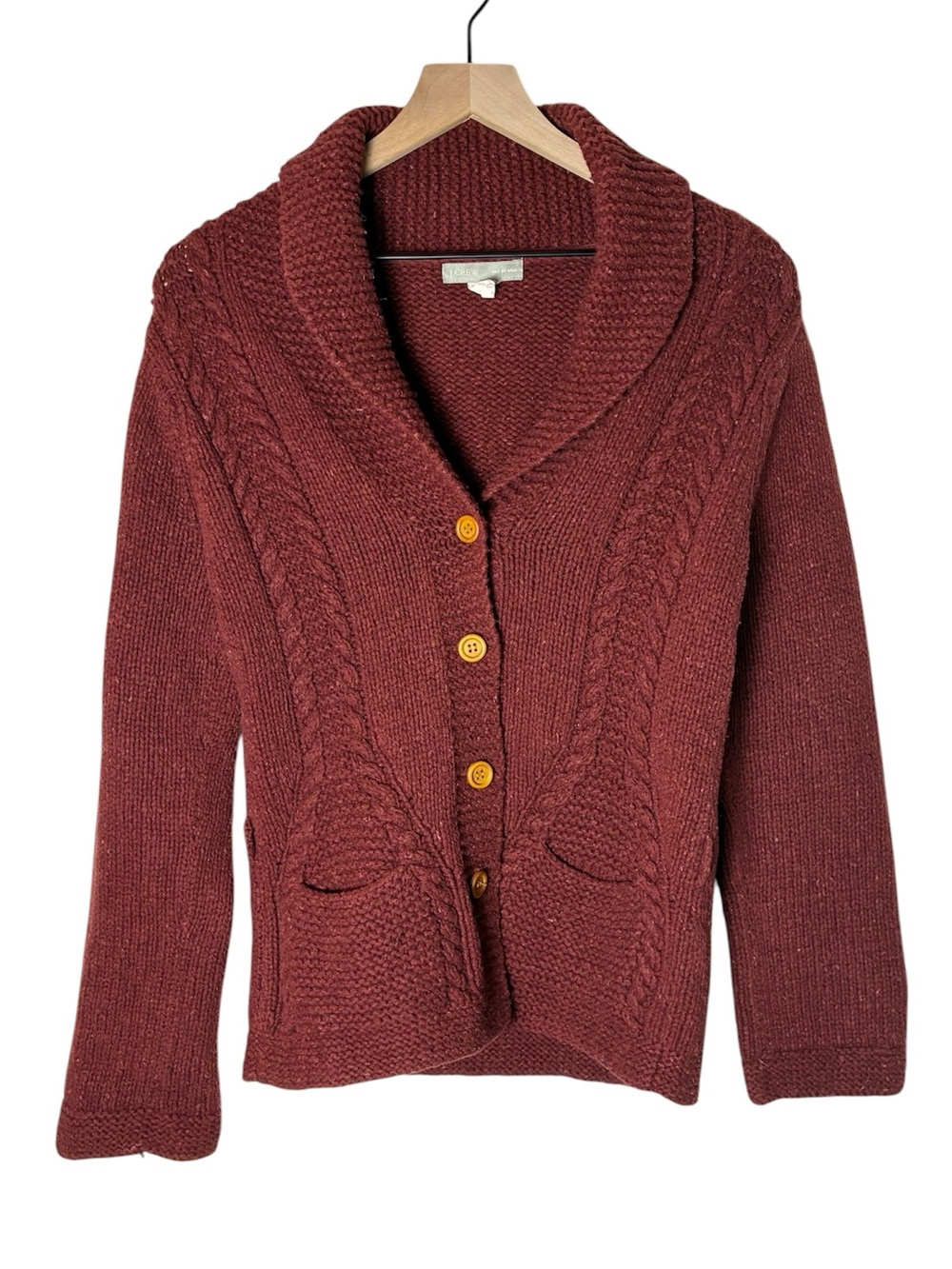 J. Crew Knit By Hand Chunky Cable Knit Shawl Collar Cardigan Cotton Wool Blend